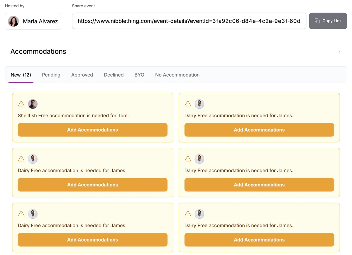 An event page where the host sees which guests need accommodations