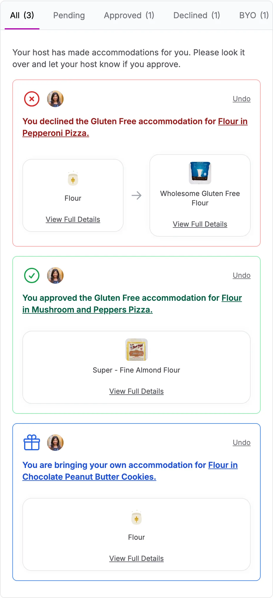 Guest view of accommodations: declined, approved, and bring-your-own responses